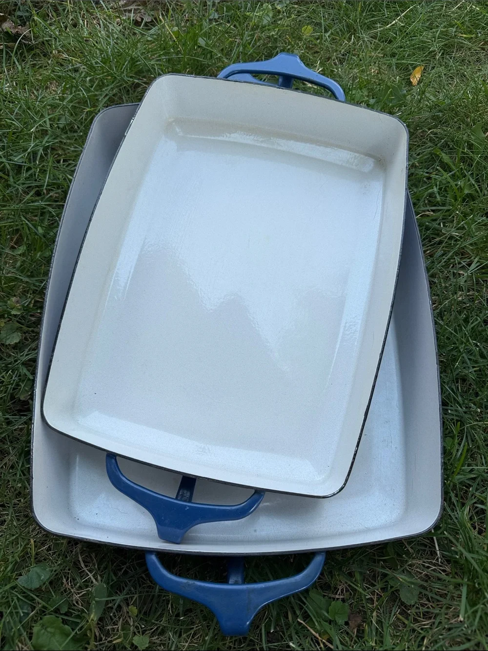 Midcentury Dansk White and blue Enamel Kobenstyle Casserole pans